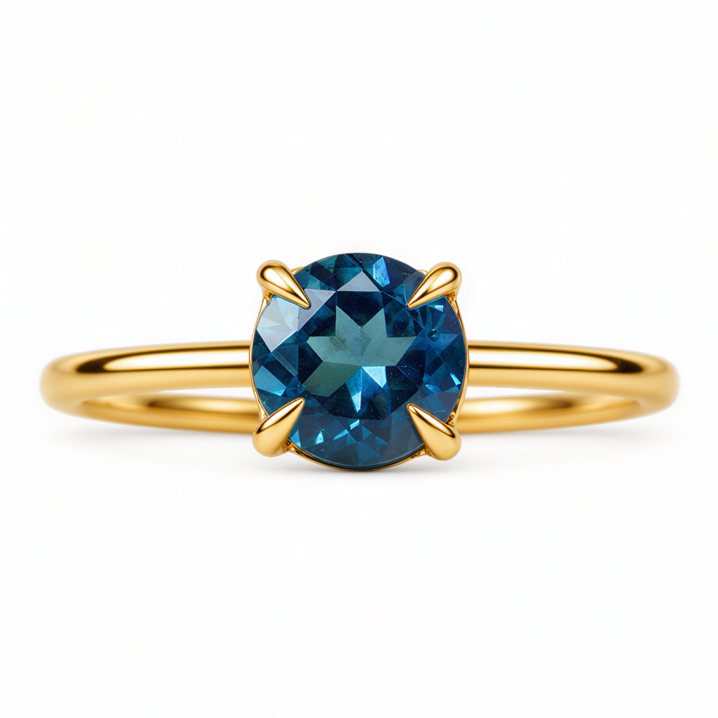 Pierścionek złoty 585 z naturalnym topazem London Blue 6 mm