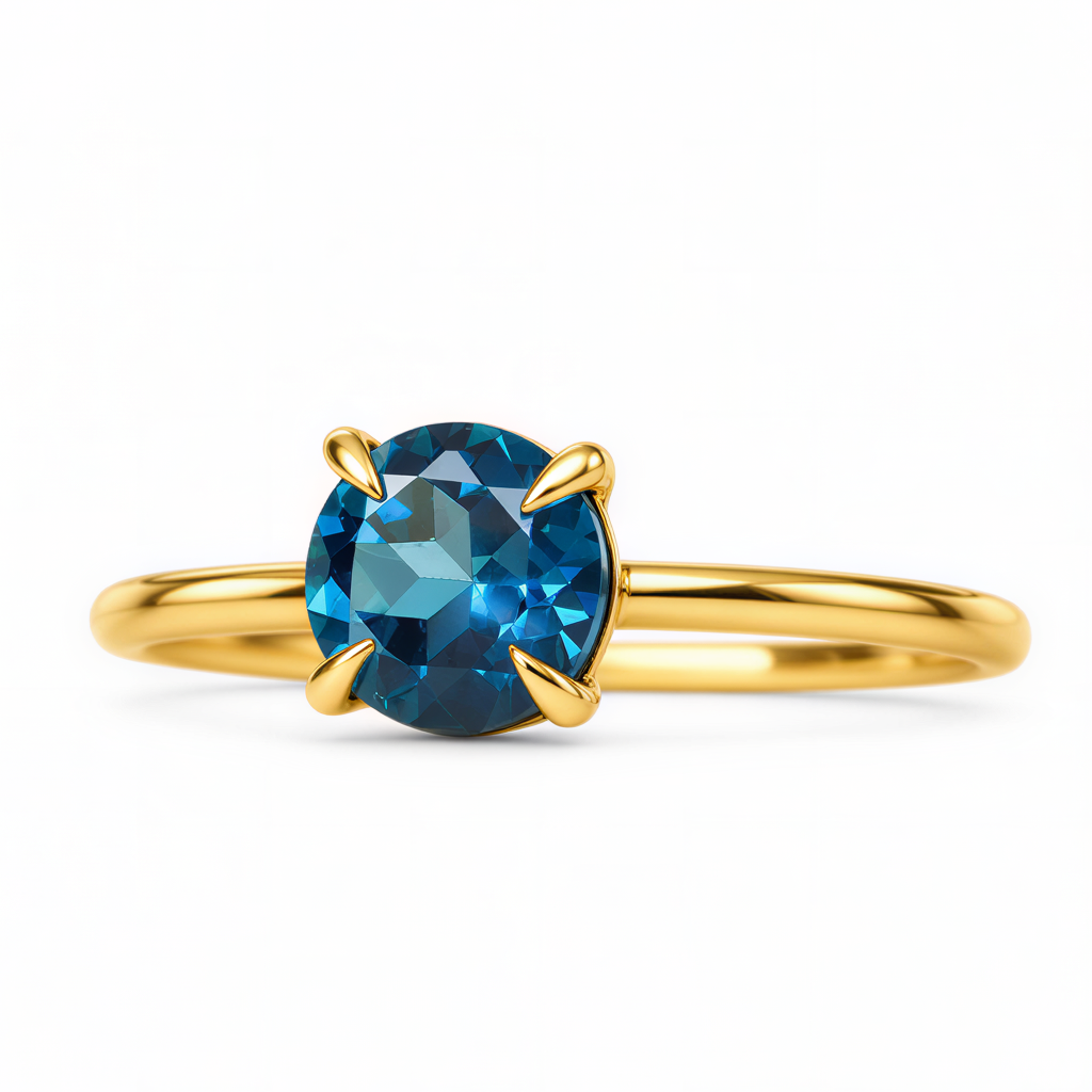 Pierścionek złoty 585 z naturalnym topazem London Blue 6 mm