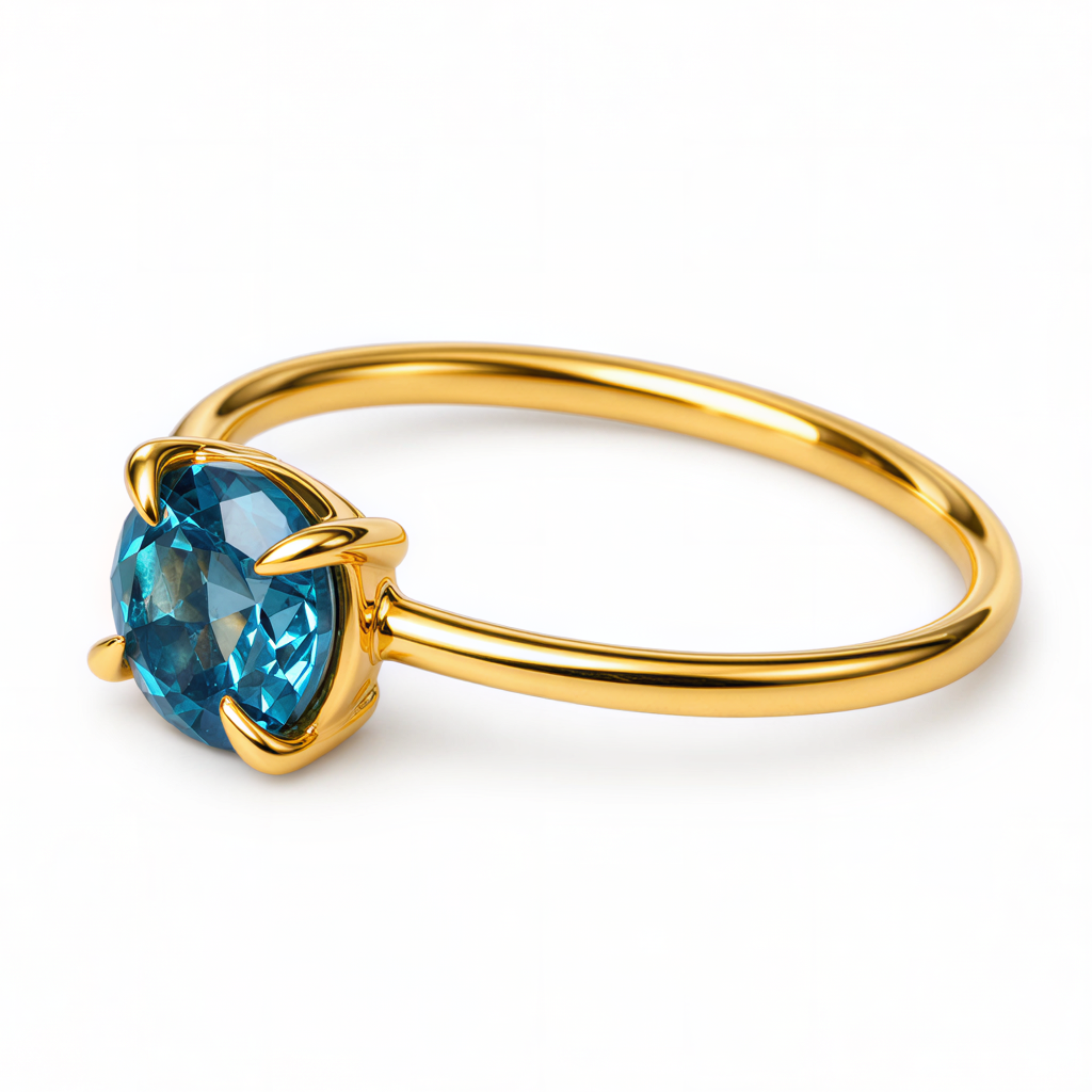 Pierścionek złoty 585 z naturalnym topazem London Blue 6 mm