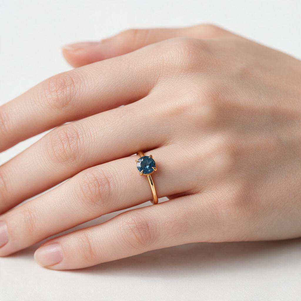 Pierścionek złoty 585 z naturalnym topazem London Blue 6 mm